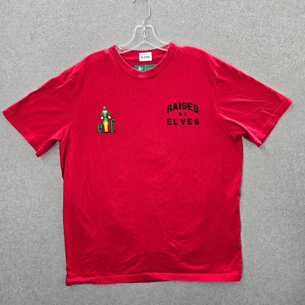 Elf Men Shirt Large Red Raised By Elves WB Holiday Graphic‎ Movie Short Sleeve